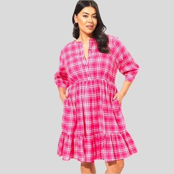 60% OFF NEW TORRID Plus Size Pink, White Plaid Mini Voile Mandarin Collar Dress - Picture 4 of 16